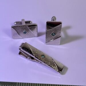Vintage Cuff Links and Tie Clip Silver Tone Blue Rhinestone Sarah Coventry